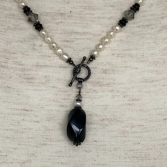 Pearl 18" Sterling Silver Front Rope Toggle Necklace Black Nephrite Jade Pendant - Picture 13 of 16